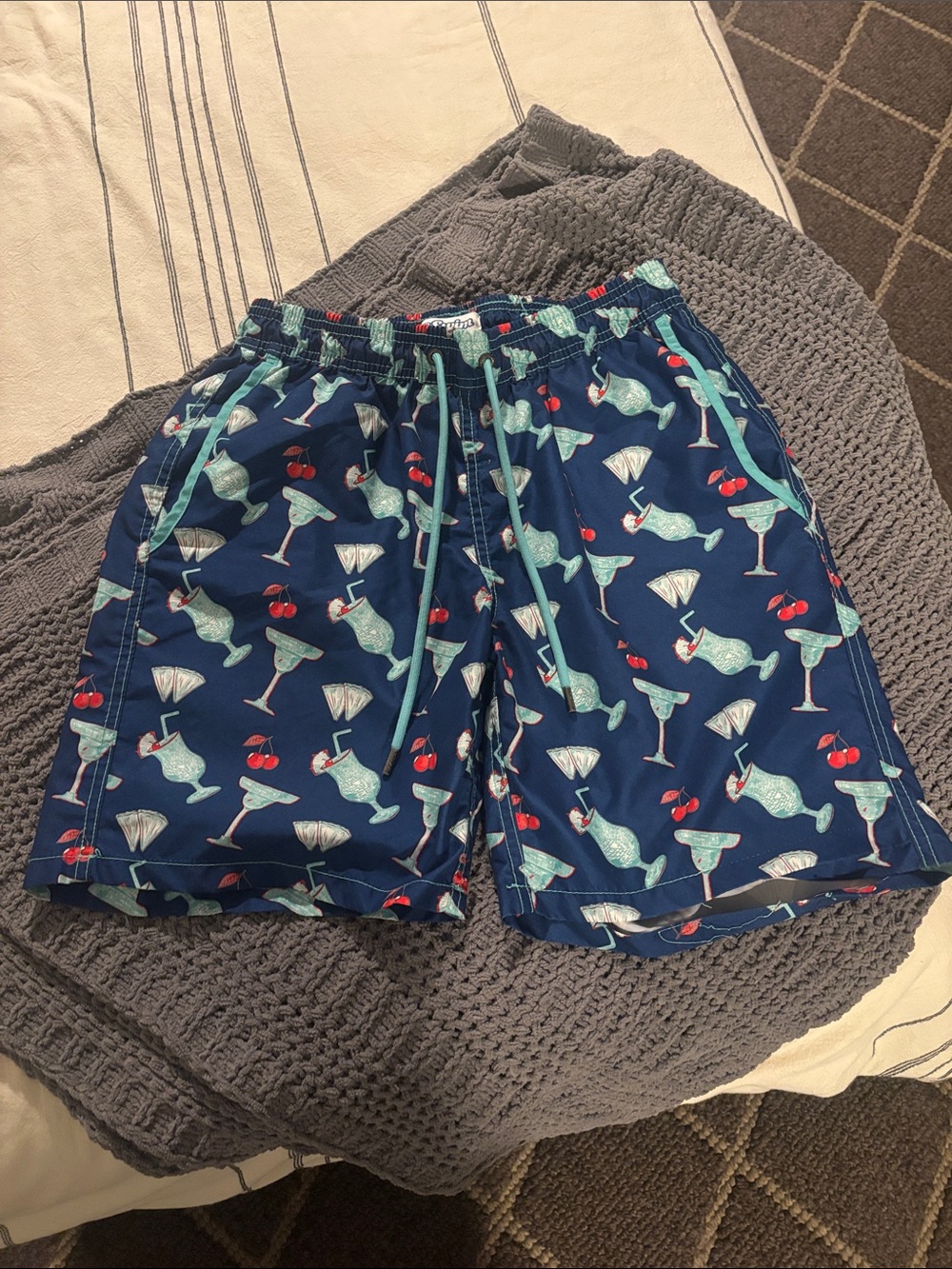 Mr. Swim Serious Fun:  Navy Cocktail Print Swim Shorts with Drawstring (M)